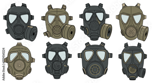 Collection of Military Gas Masks in Various Colors and Styles.