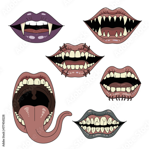 Collection of Monster Mouths with Sharp Teeth and Grotesque Tongues.