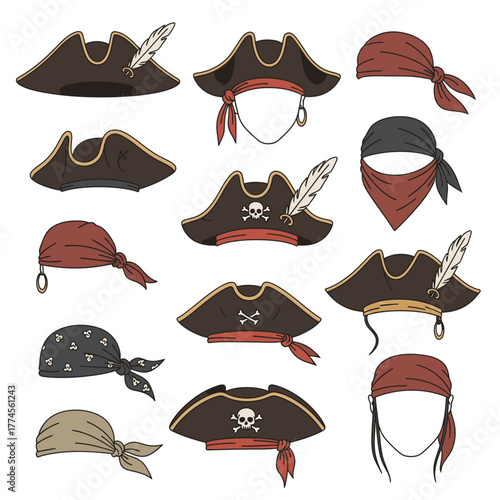 Collection of Pirate Hats and Bandanas for Costume or Themed Party.