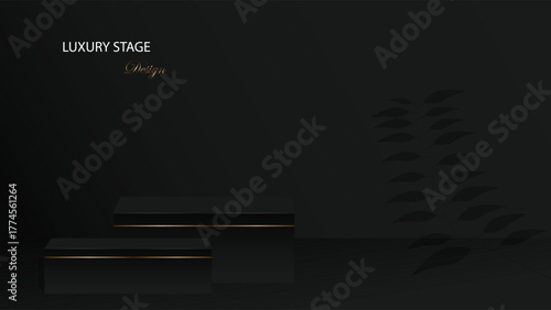 Black podium background vector design. Podium and stage background with gold and black combination. Black abstract background. Suit for banner, poster, certificate, web, product promotion, etc