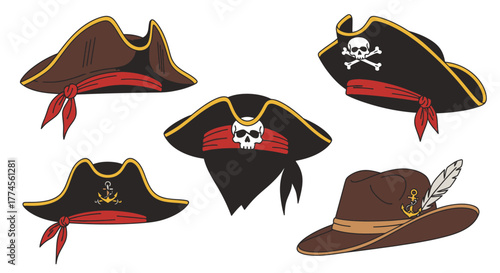 Collection of Pirate Hats with Skull and Feather Embellishments.