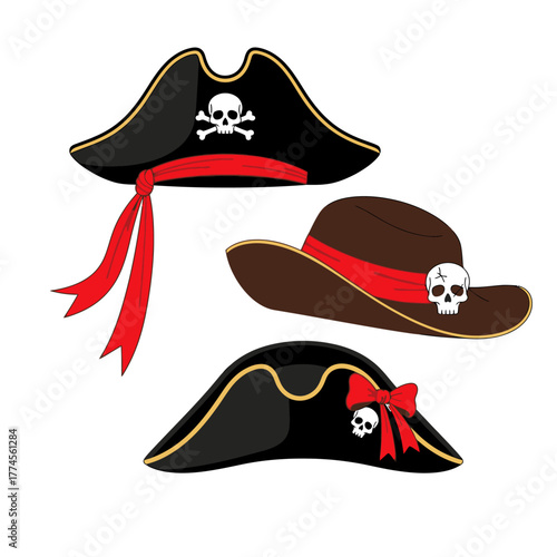 Collection of Pirate Hats with Skull Emblems.