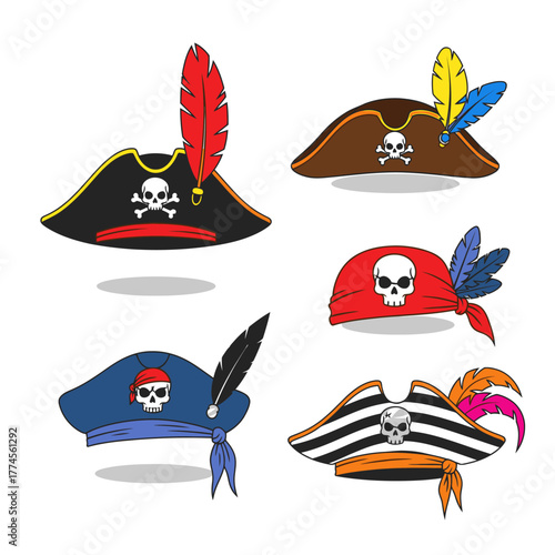 Collection of Pirate Hats with Skulls and Feathers.