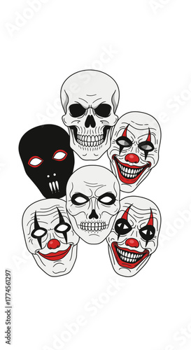 Collection of Skulls and Clown Masks - A Macabre Ensemble.