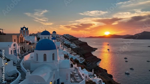 Coastal village landscape with blue domed churches and waterfront buildings at sunset