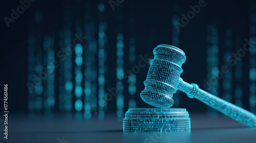 A futuristic digital gavel representing justice and law in a technology-driven world.