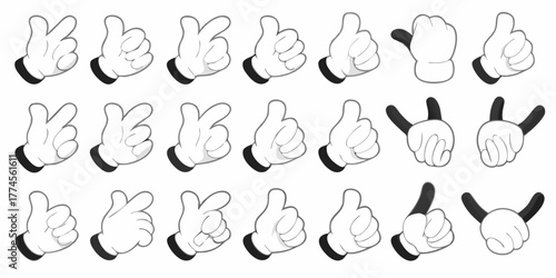 Collection of cartoon hands in white gloves making various gestures and signs