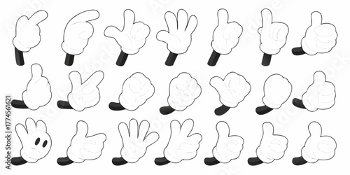 Collection of classic cartoon white gloves with black cuffs showing various hand gestures and expressions