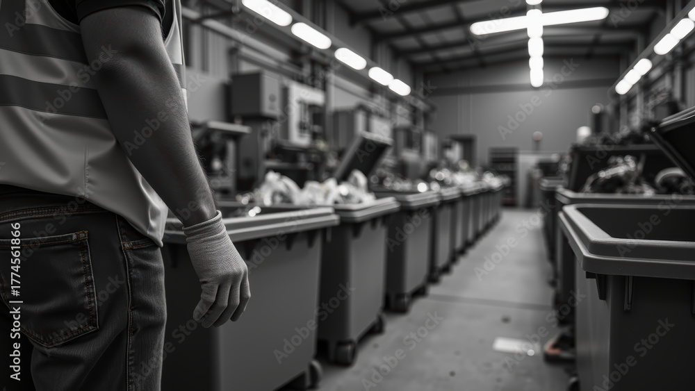 Fototapeta premium Worker in facility wearing gloves and safety vest stands near waste bins, emphasizing importance of cleanliness and safety in waste management