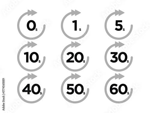 Countdown Timer Icons. 0s to 60s Circular Arrow Vector Set. Countdown Seconds Vector