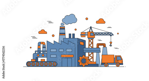 Flat vector illustration of a factory crane and truck Industry production and manufacturing concept