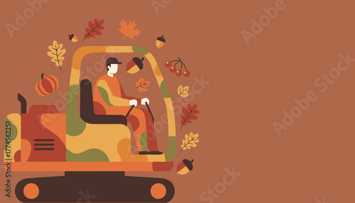 Construction worker driving excavator Autumn industrial vector background with seasonal elements and copy space