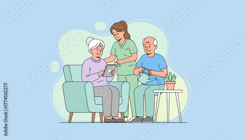 Senior couple receiving care using tablet and gardening Assisted living illustration