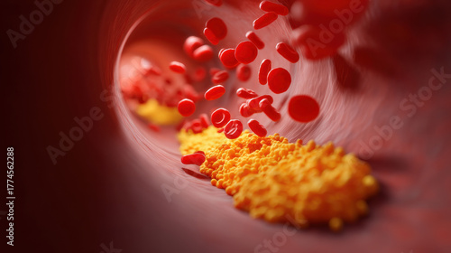 Illustration of blood flow within a vein, depicting red blood cells and cholesterol plaque buildup.