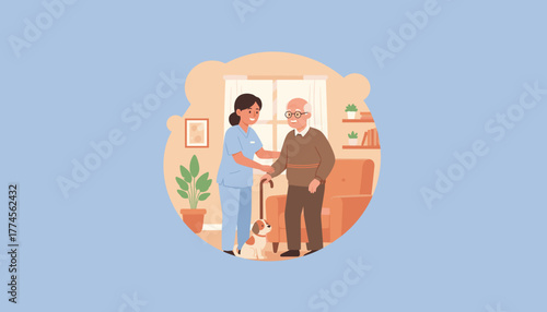 Home healthcare worker assisting senior patient with a cane showing comfort and support