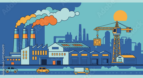 Industrial zone vector art featuring factory smokestacks freight crane and vehicles on the road