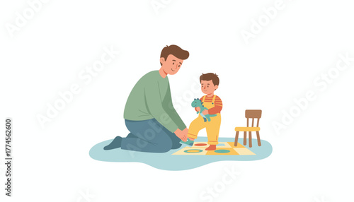 Father helps toddler son put on shoes teaching independence Family care and loving bond illustration