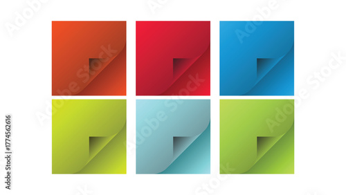 Six colorful rectangular objects with a folded corner and shadow isolated on a white background for design isolated on white background, Smooth Corner Turn, Stylish Paper Fold Graphic.