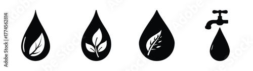 Water conservation icons featuring droplets with leaves and dripping faucet symbol