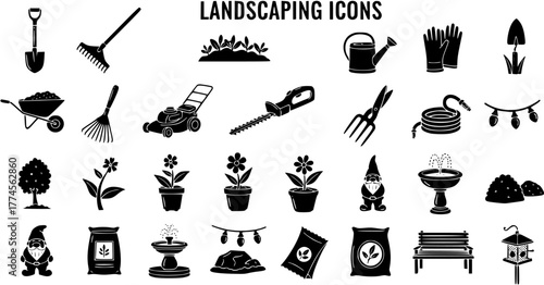Landscaping and Gardening Icons Set: Black Silhouette Collection of Garden Tools, Plants, Gnomes, Fountain, and Outdoor Elements