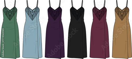 Variety of Slip Dresses in Different Colors with Lace Details and Spaghetti Straps