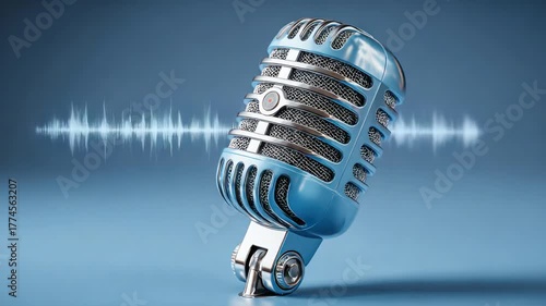 A stylized, retro-looking blue microphone against a gradient backdrop, with audio wave graphics