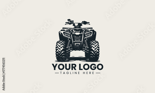 Powerful black vector illustration of an aggressive off-road ATV quad bike with large tires creating a dynamic adventure sport symbol