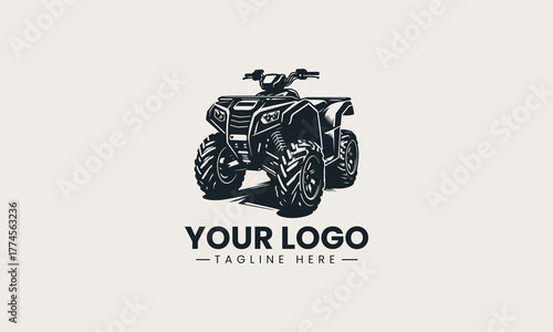 Powerful black vector illustration of an aggressive off-road ATV quad bike with large tires creating a dynamic adventure sport symbol