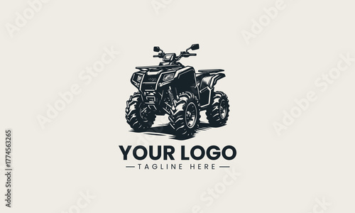 Powerful black vector illustration of an aggressive off-road ATV quad bike with large tires creating a dynamic adventure sport symbol