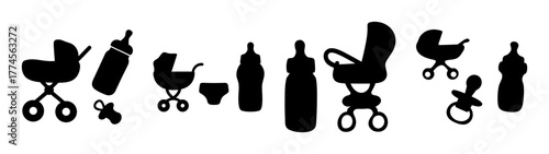 Collection of baby essentials including strollers bottles and pacifiers silhouettes