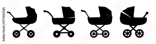 Collection of four vintage black baby strollers for newborn transportation and comfort