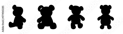 Four silhouetted teddy bear stuffed animal toys posed in various positions