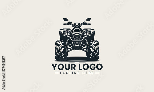 Powerful black vector illustration of an aggressive off-road ATV quad bike with large tires creating a dynamic adventure sport symbol