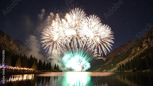 Colorful fireworks display over a lake reflecting light with dark mountains in the background at night