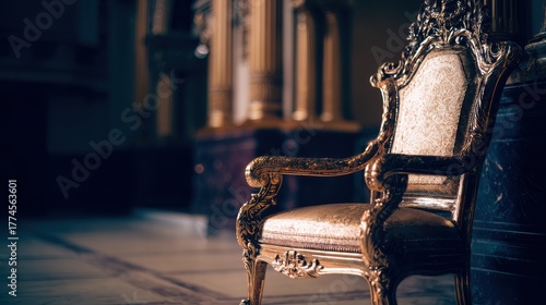 throne. Empty ornate throne in grand hall with soft side lighting and shallow depth of field. real-estate listings.