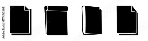 Simple black icons depicting documents and books stacked together for use