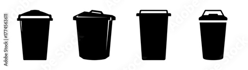 Set of four black trash cans with different lids isolated icons for recycling and waste management