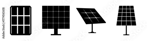 Collection of four black silhouette solar panel icons in different orientations and styles
