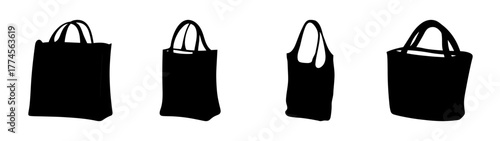 Collection of four black reusable shopping bags varying perspectives for retail design