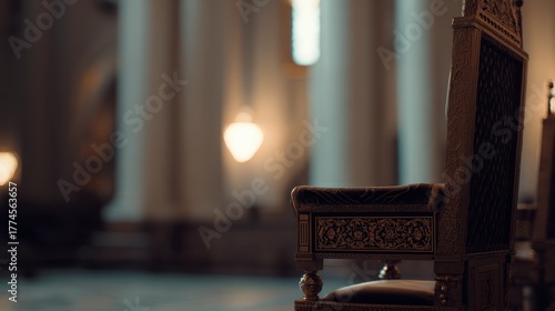 throne. Empty ornate throne in grand hall with soft side lighting and shallow depth of field. real-estate listings.