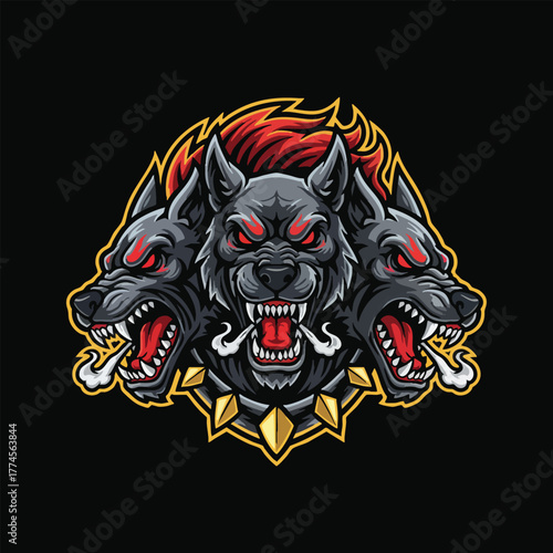 Fierce Three-Headed Wolf Mascot Illustration with Fiery Mane and Intense Red Eyes