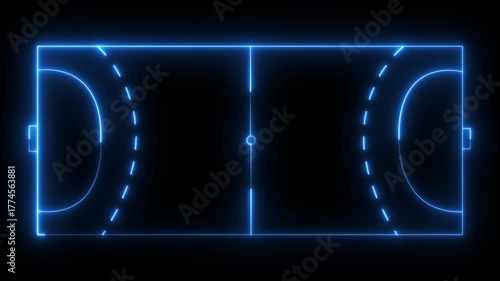 Neon blue outline of a handball court on a black background field sport