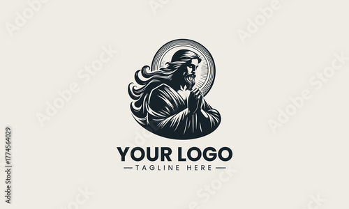 Striking black vector illustration of Jesus Christ praying with a beautiful radiant halo creating a powerful spiritual worship symbol