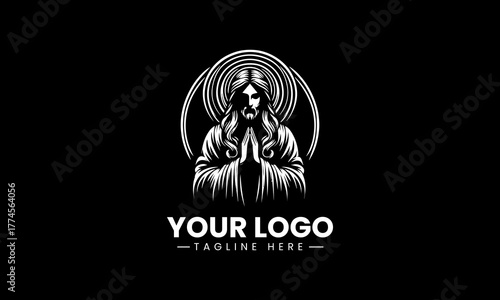 Striking black vector illustration of Jesus Christ praying with a beautiful radiant halo creating a powerful spiritual worship symbol