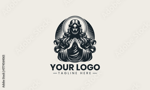Striking black vector illustration of Jesus Christ praying with a beautiful radiant halo creating a powerful spiritual worship symbol