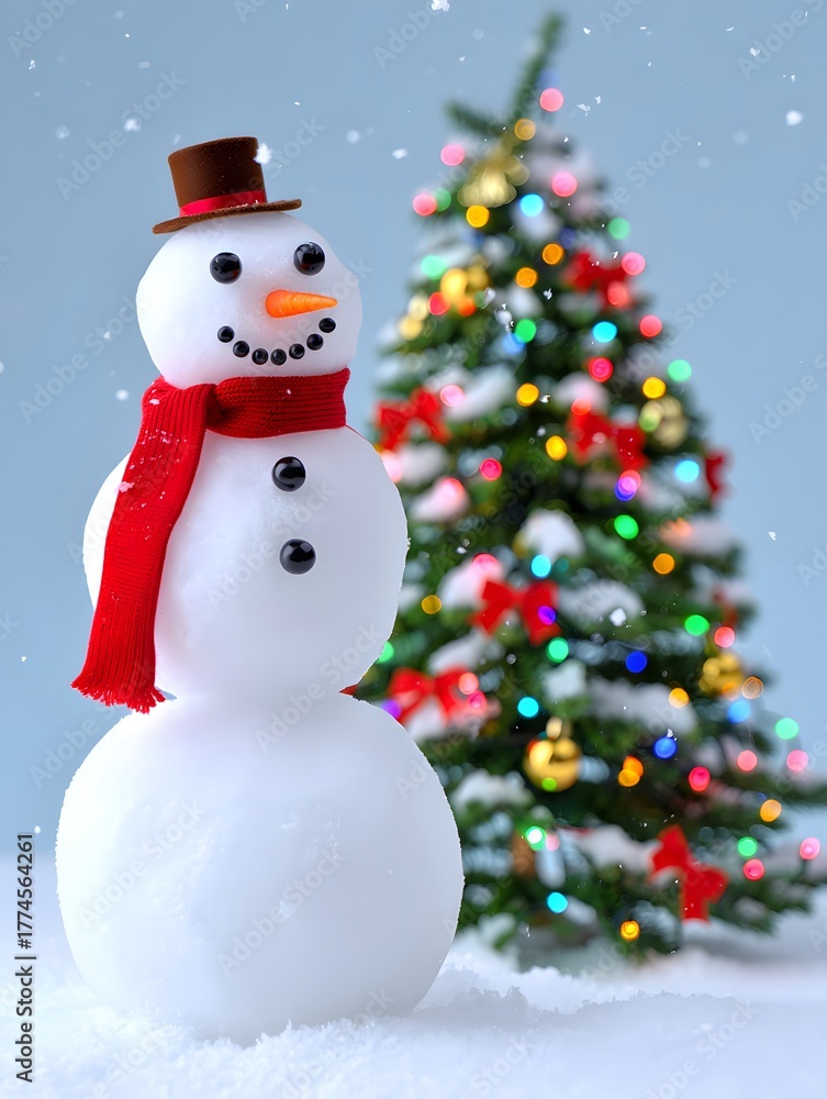 Fototapeta premium 3D Snowman with Christmas Tree Lights