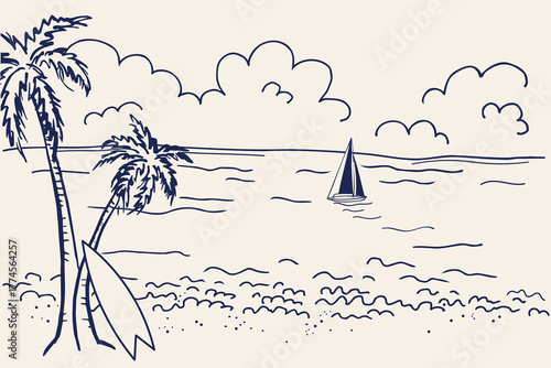 Seascape with Palm tree, Sailboat, Surfboard. Romantic Landscape with boat sea. Hand drawn vector illustration. Panoramic calm sea view sketch, marine motive. Design element for card, banner, flyer