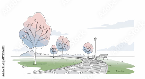 A picturesque pathway winds through a serene park with blooming trees and a tranquil water feature