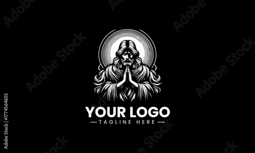 Striking black vector illustration of Jesus Christ praying with a beautiful radiant halo creating a powerful spiritual worship symbol