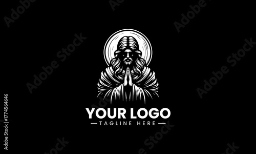 Striking black vector illustration of Jesus Christ praying with a beautiful radiant halo creating a powerful spiritual worship symbol